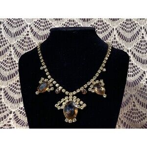 Vintage 60s Rhinestone Necklace & Clip On Earrings Set 1960s Dramatic Jewelry